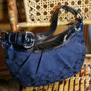 Black Coach Signature Jaquard Pleated Hobo Purse